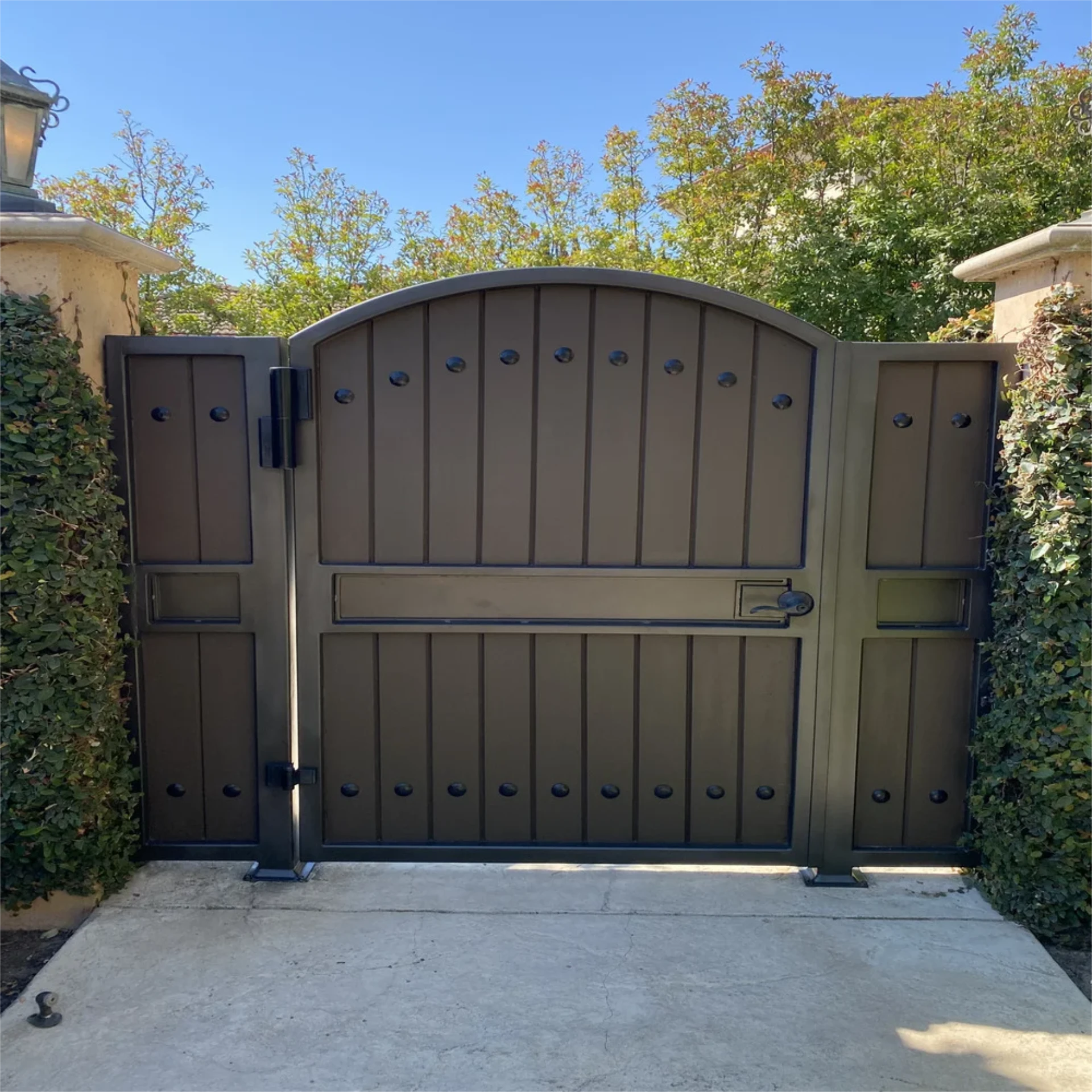 SK stockbrown metal gate with tree in background