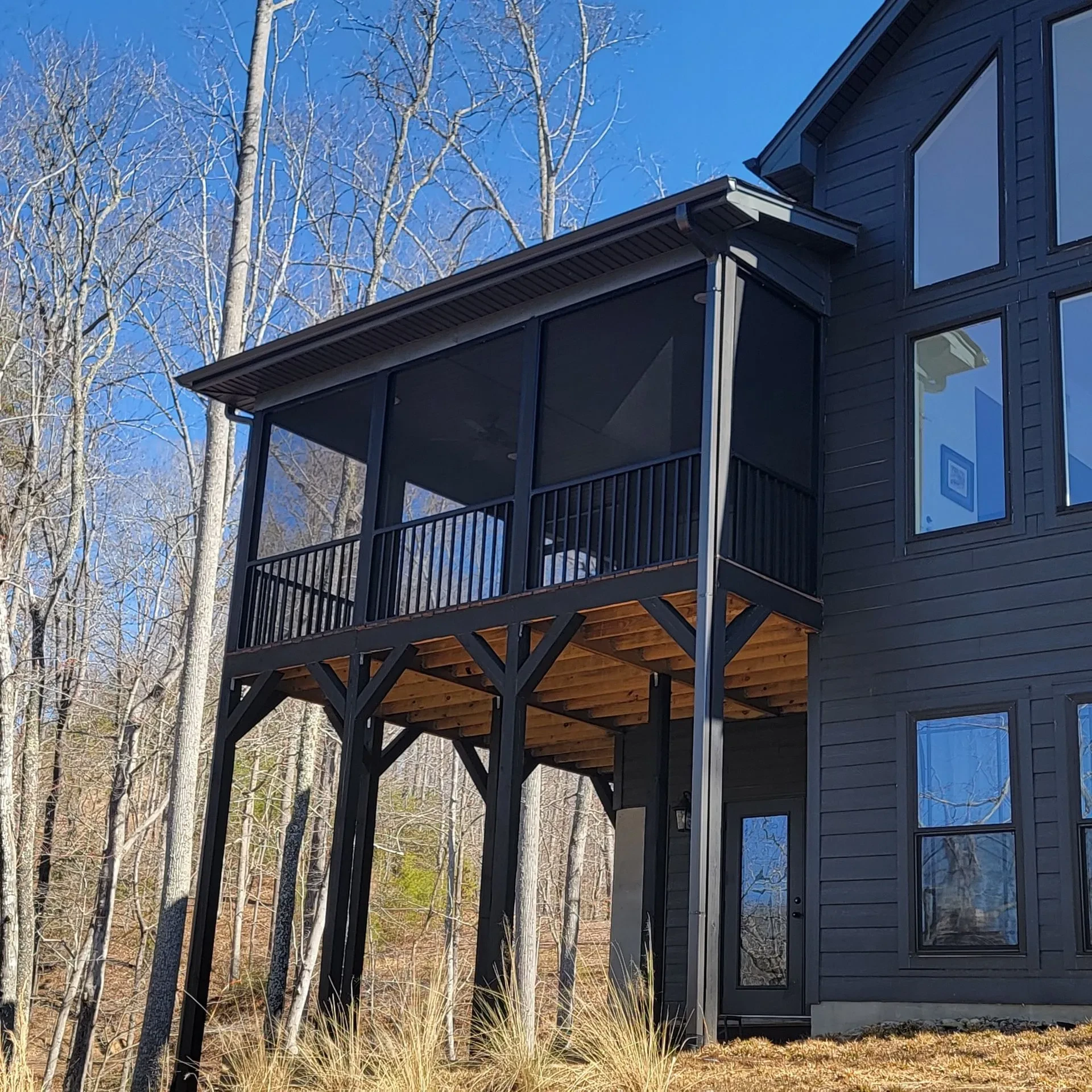 Elevated screened porch on dark modern home in wooded area with big trees