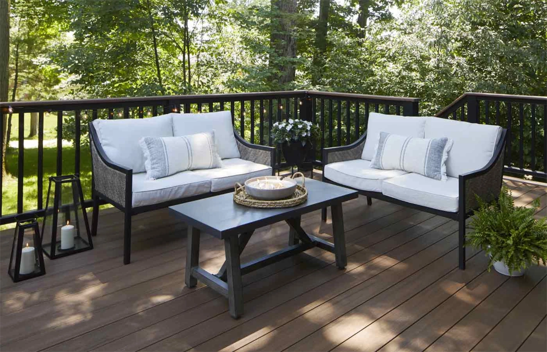 Mahogany woods vintage decking with patio seating and overlooking view