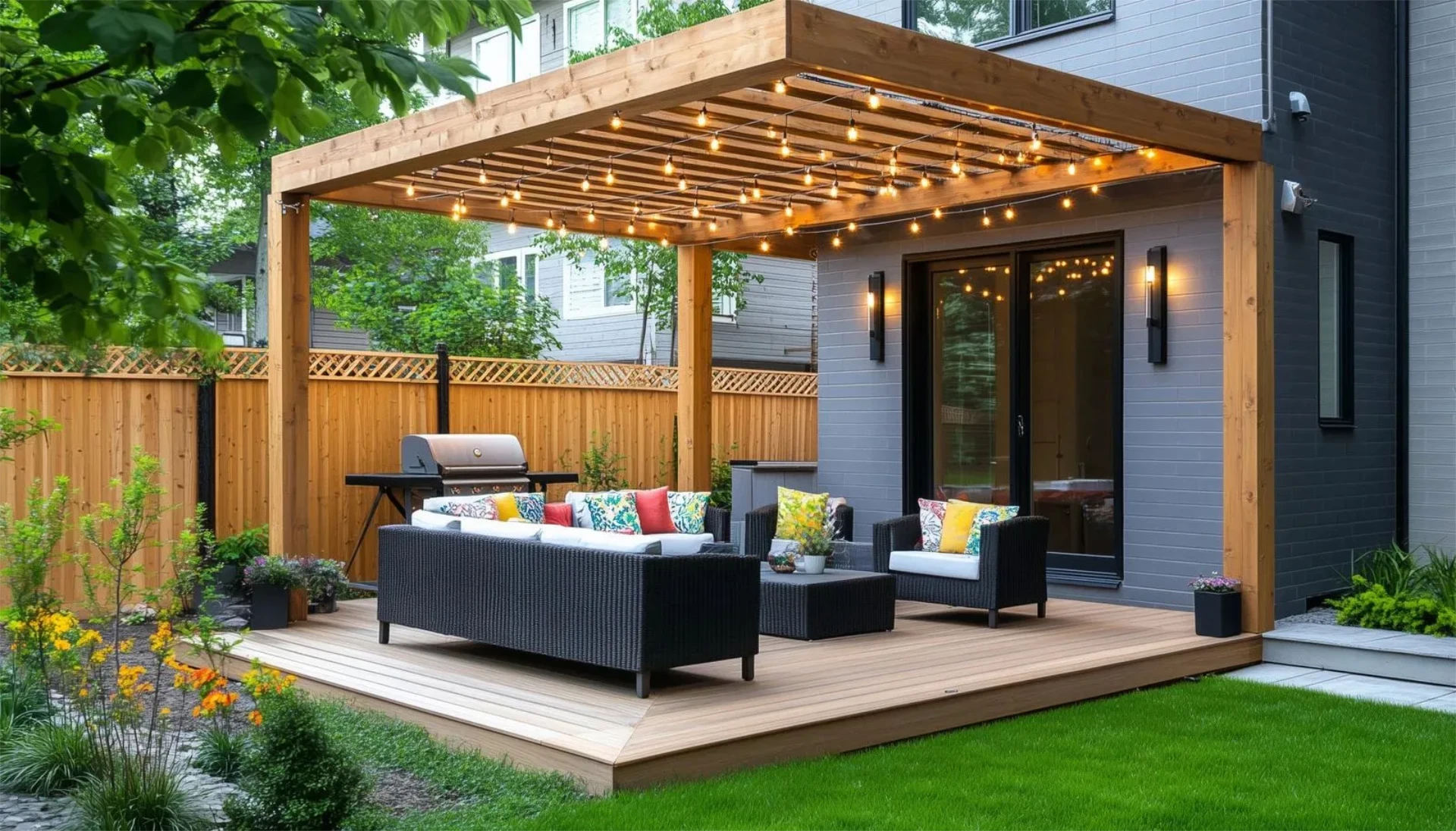 Modern wooden pergola patio with outdoor black seating and string lights with overlooking view