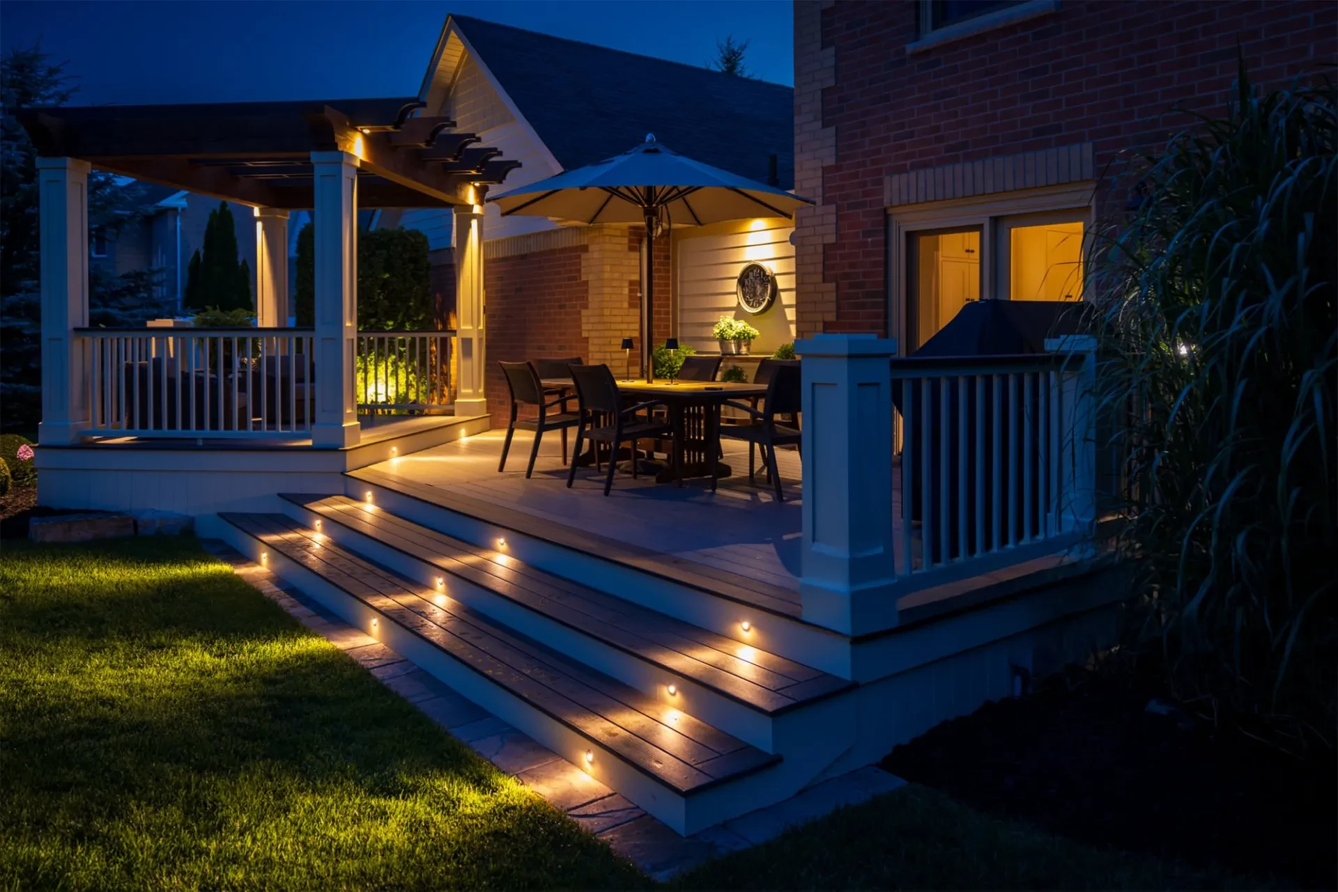 Overlooking dark house with deck lightning and patio seating