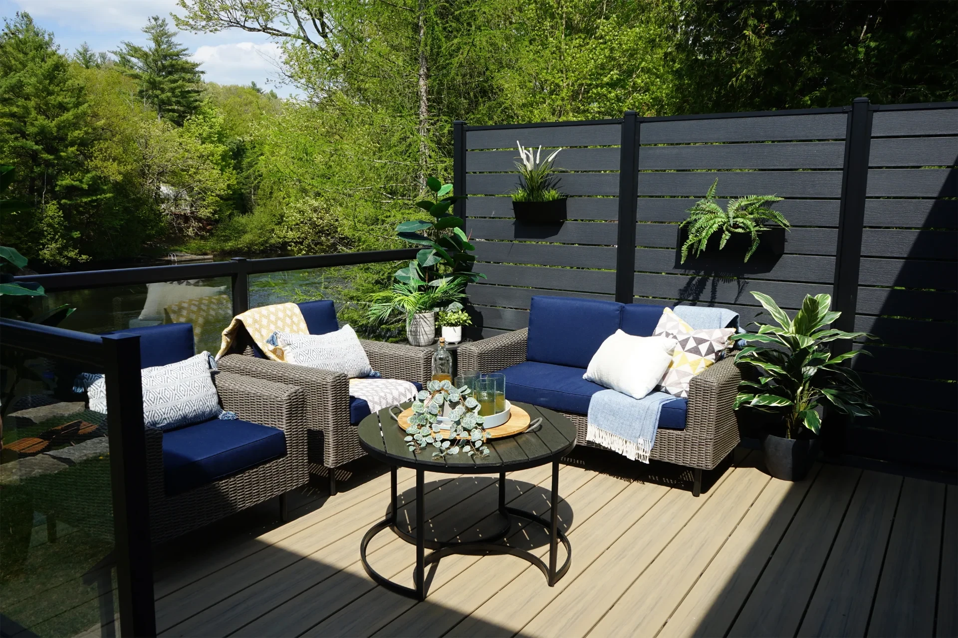 Privacy slats with patio seating and a great view
