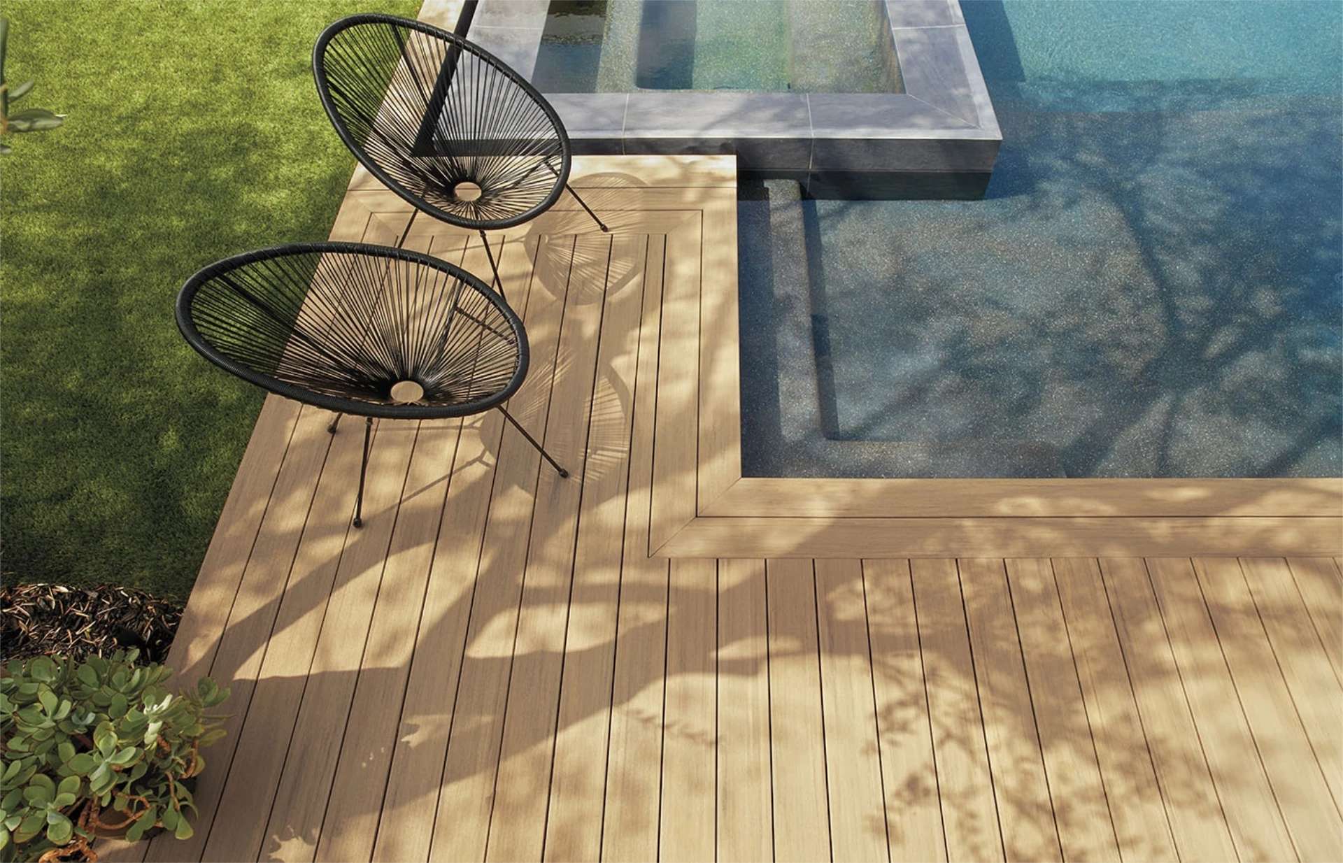 Pvc weathered teak vintage costa mesa wooden decking with chairs and pool