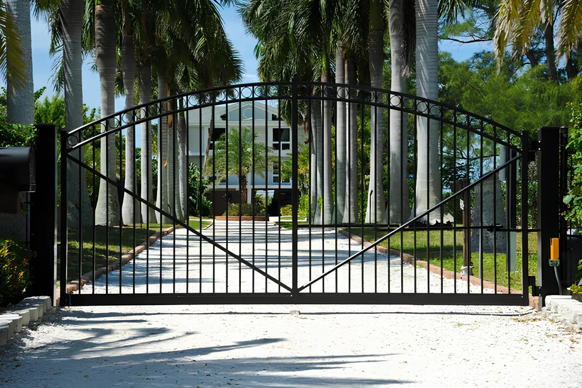 Stock black steel gate photo security gate with overlooking view and tall trees