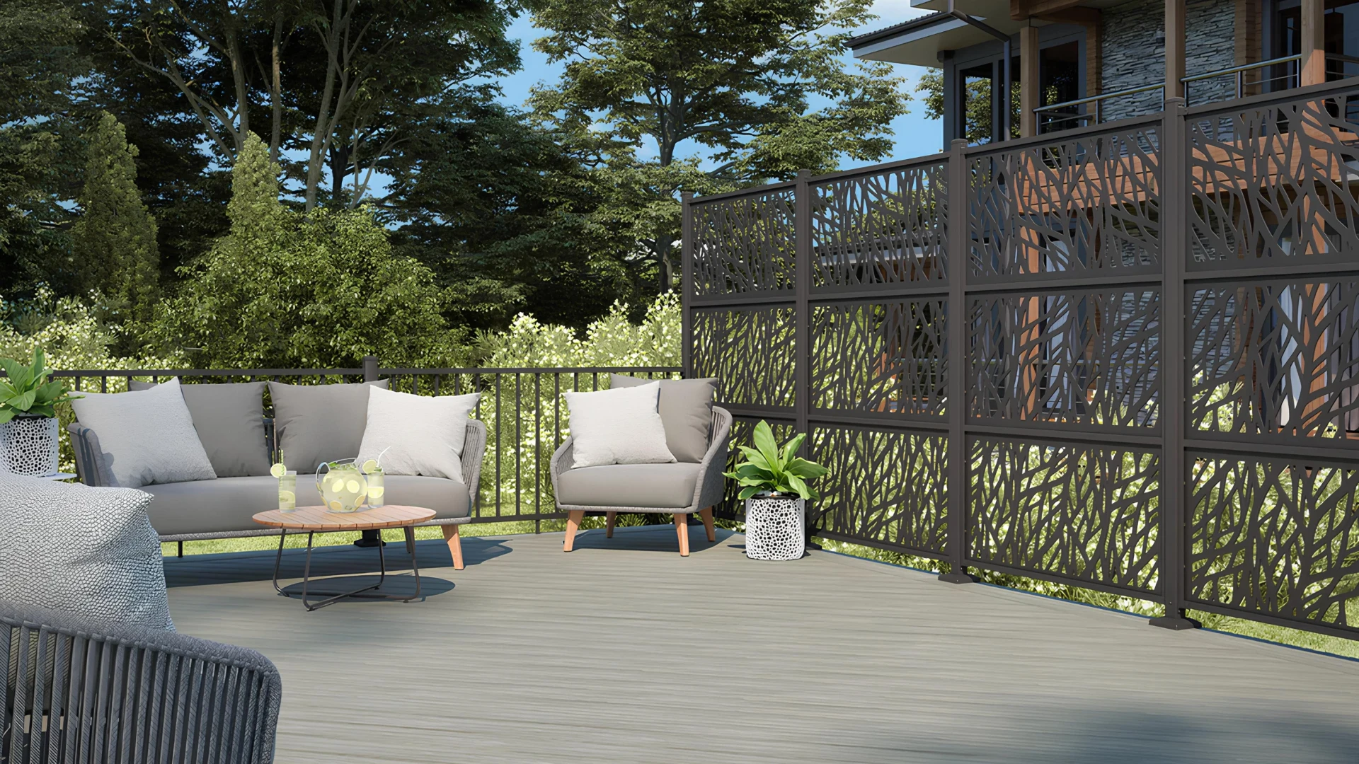 Wildwood big privacy screen and patio seating with gray deck